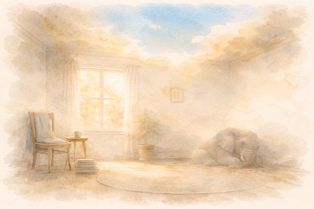 The elephant softening into light, still there, no longer heavy.
