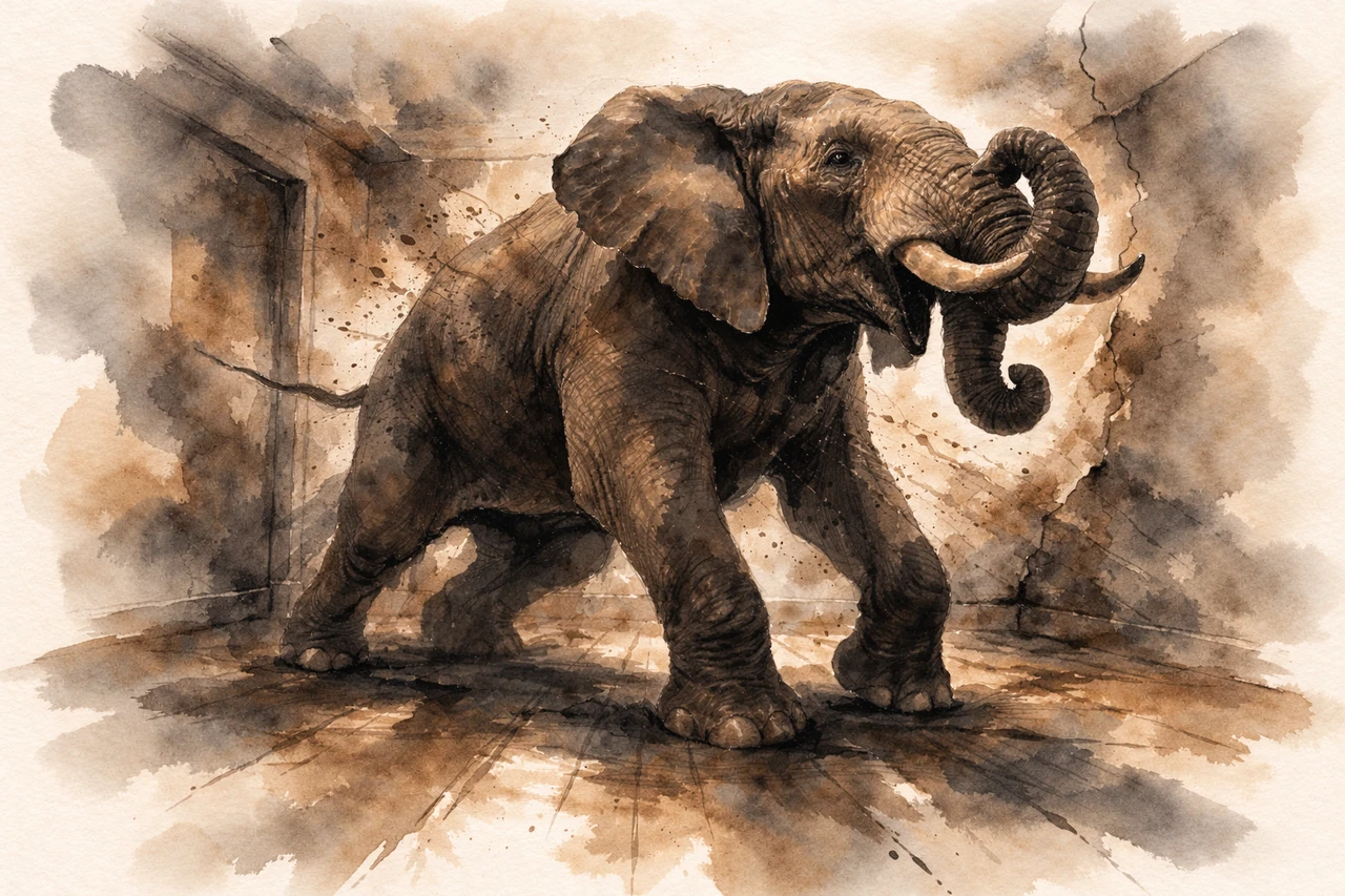 The elephant and the walls pressed against each other, all friction and no give.