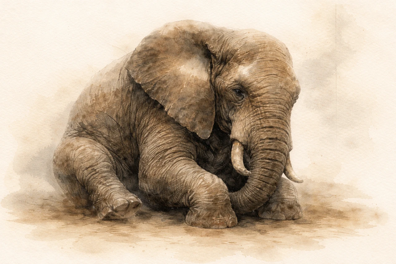 The elephant sitting heavily, head lowered, taking up nearly all the available space.