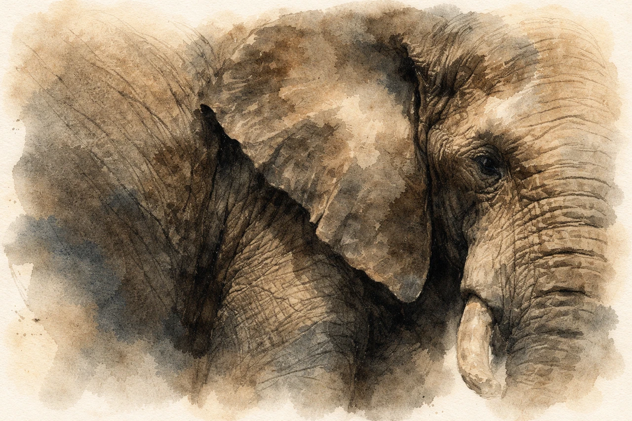 A watercolour elephant filling the whole frame, too large for the room around it.