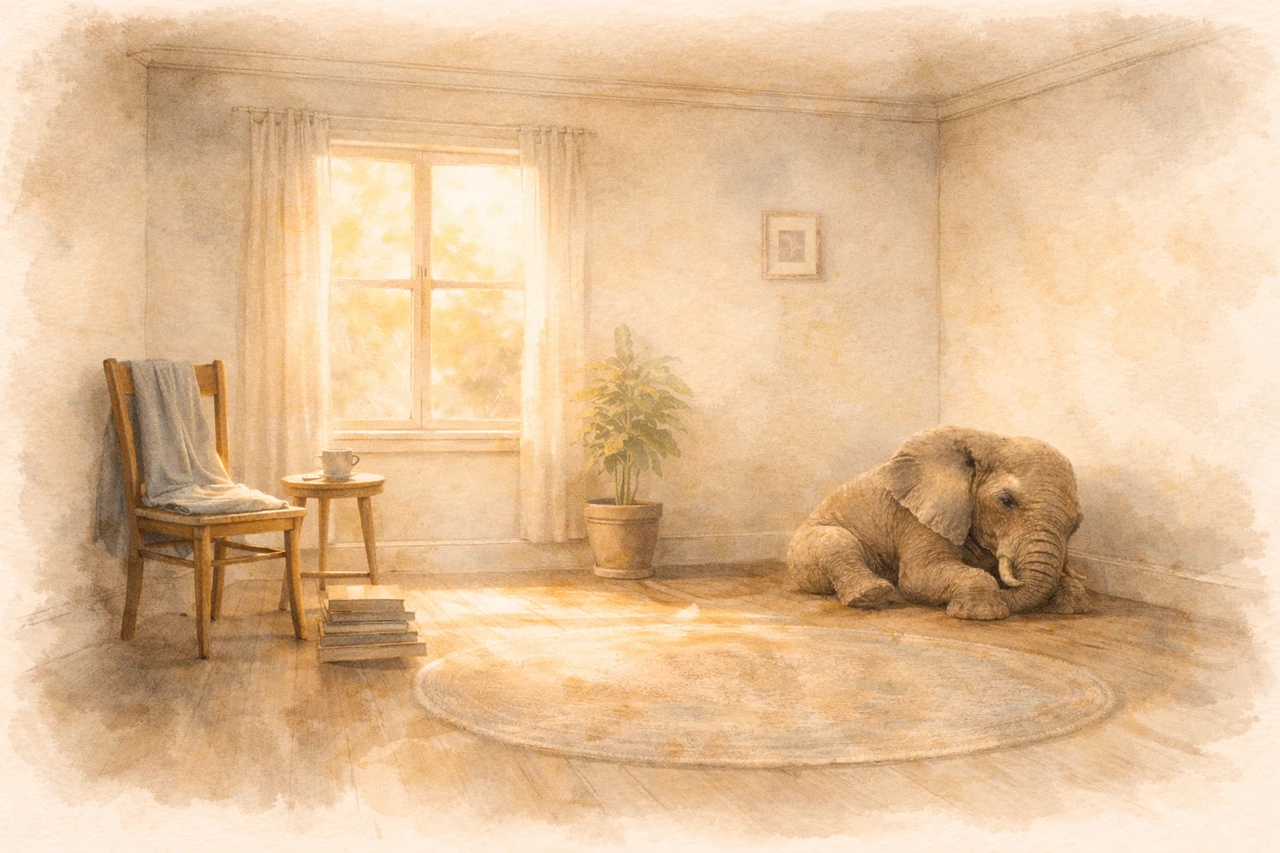 The elephant as memory — present, familiar, no longer crowding everything out.