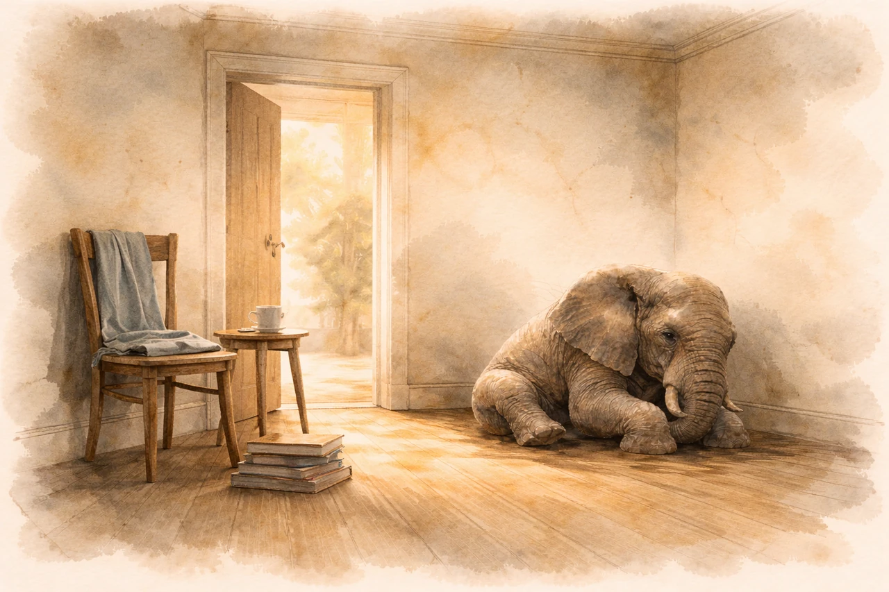 The elephant settled in a room that finally has light and furniture and air.